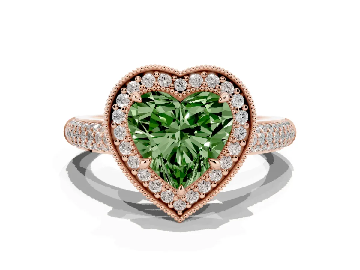 Fancy Green Heart Cut Cut Halo Diamond Pave Band with Four-Prong Setting Rose gold