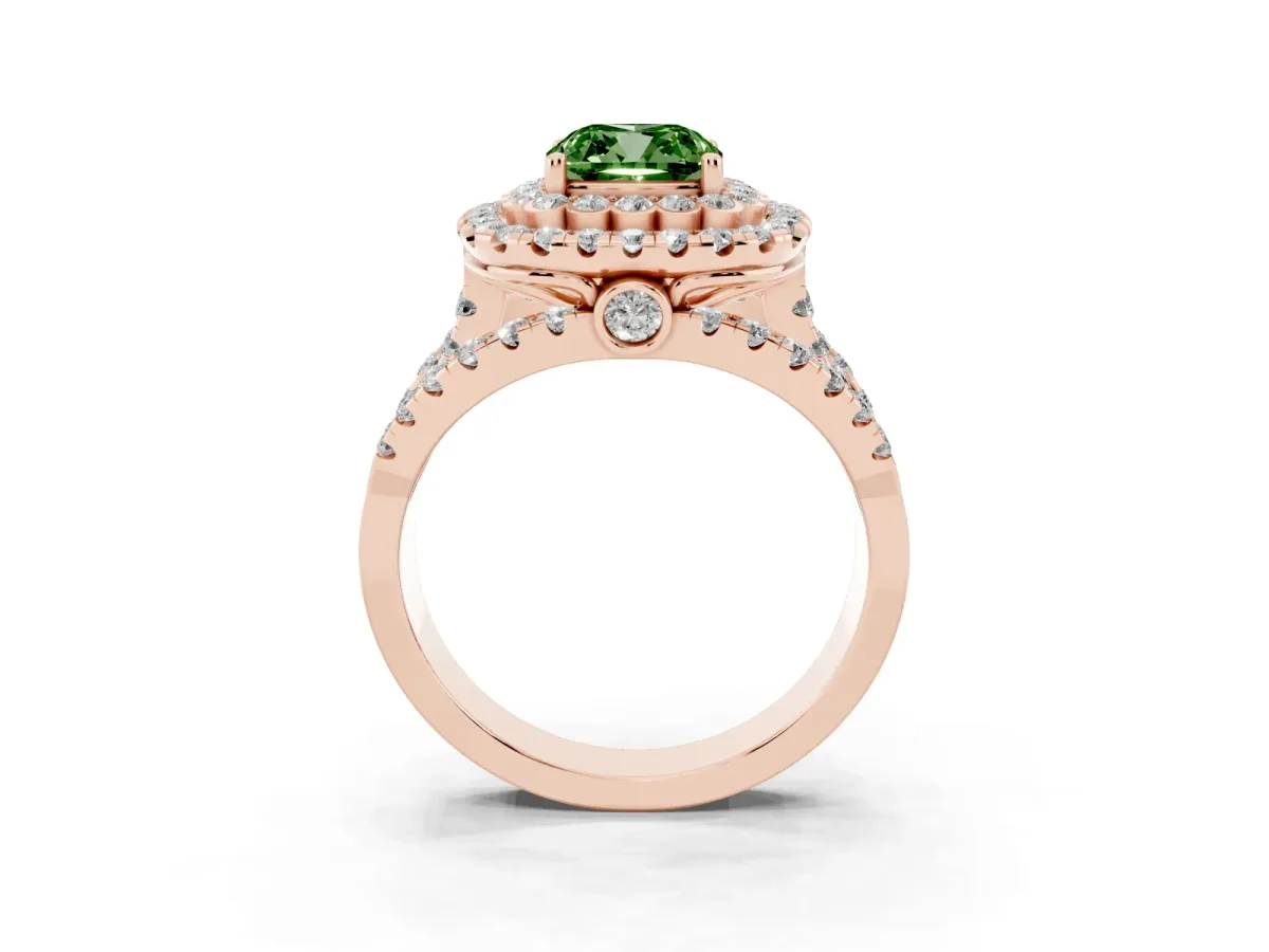 Fancy Green Cushion Cut Diamond Double Halo Ring with Round Pavé Split Shank and Prong Setting Rose gold