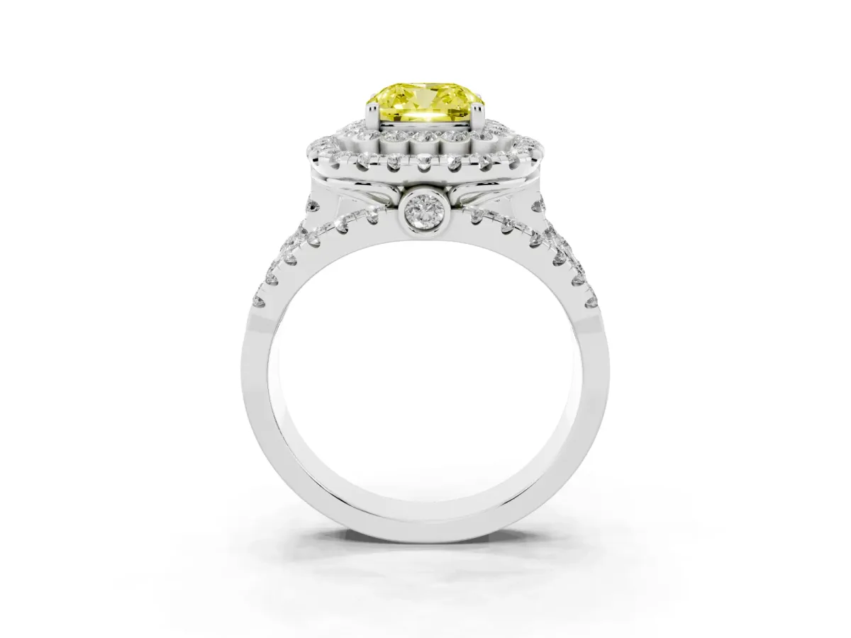 Fancy Yellow Cushion Cut Diamond Double Halo Ring with Round Pavé Split Shank and Prong Setting Silver