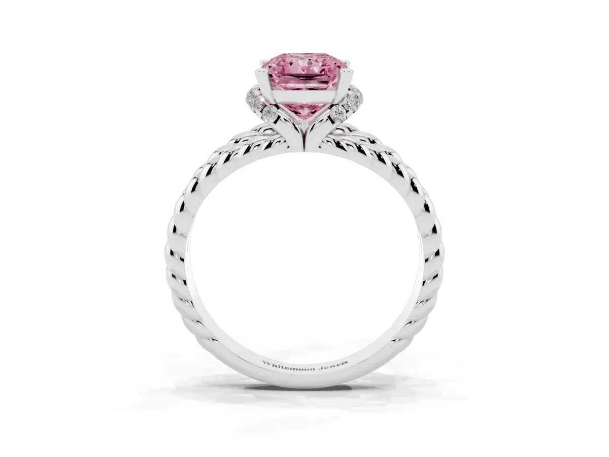 Fancy Pink Radiant Cut Halo Twisted Band Four-Prong Ring Silver