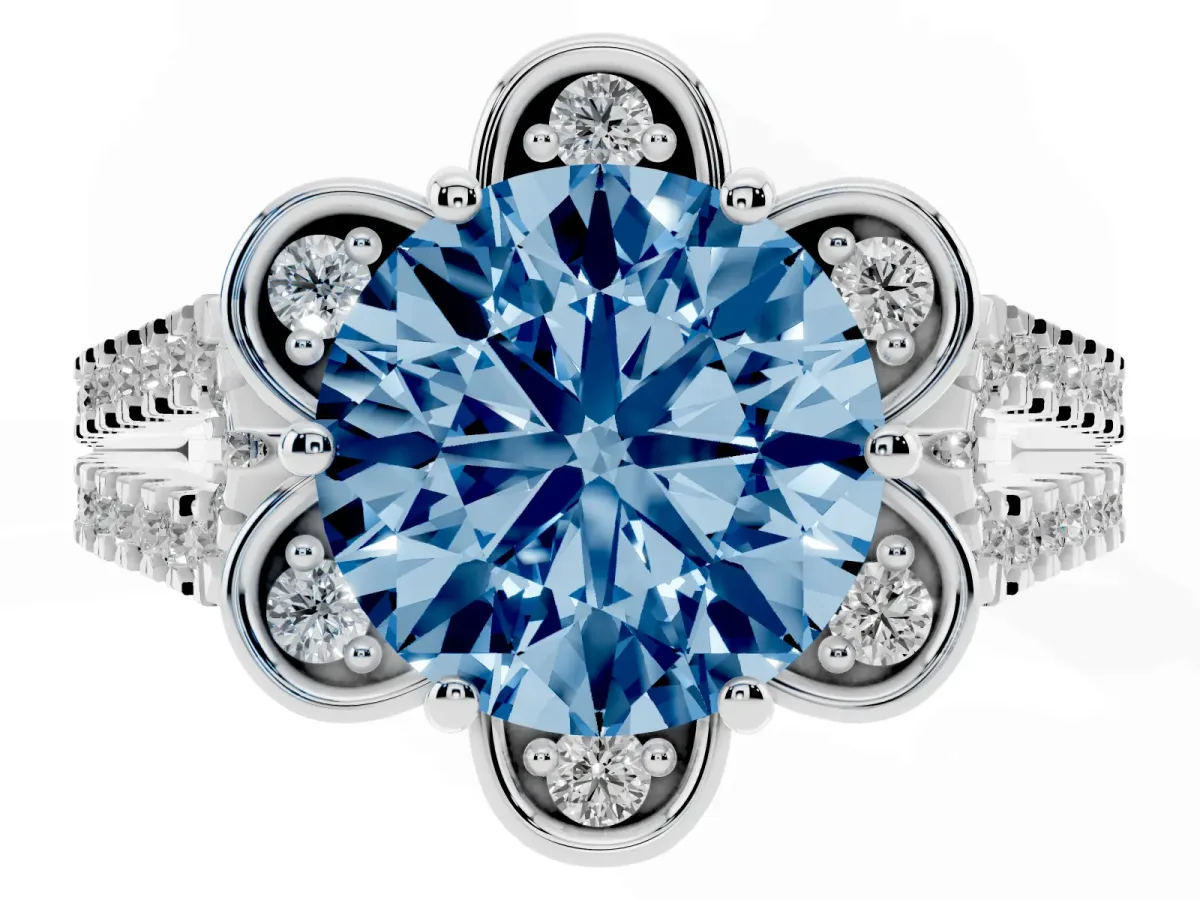Fancy Blue Round Cut Halo Diamond Floral Split Shank Engagement Ring Silver