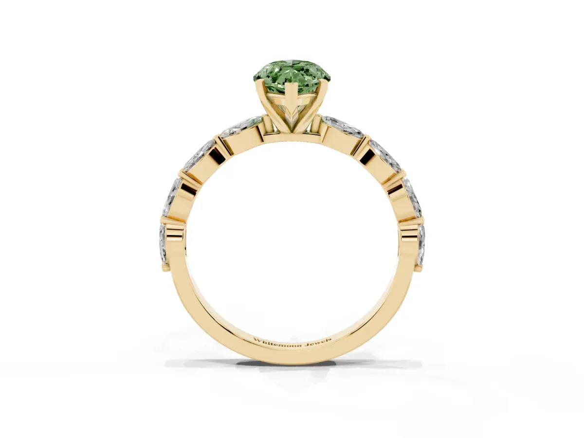 Fancy Green Marquise Cut Diamond Ring with Marquise Side Stones and Prong Setting Yellow gold