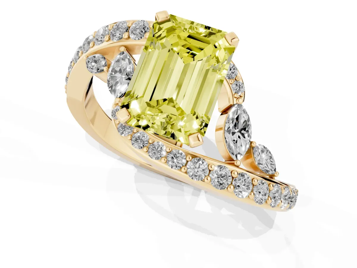 Fancy Yellow Emerald Cut Solitaire with Pavé Twist Band and Four-Prong Setting Yellow gold