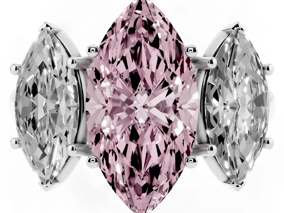 Fancy Pink Three-Stone Marquise Cut Diamond Engagement Ring with Prong Setting Platinum