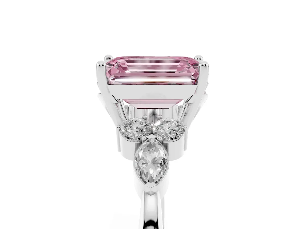 Fancy Pink Emerald Cut Brilliant Diamond Solitaire Ring with Pear Side Stones and Four-Prong Setting Platinum