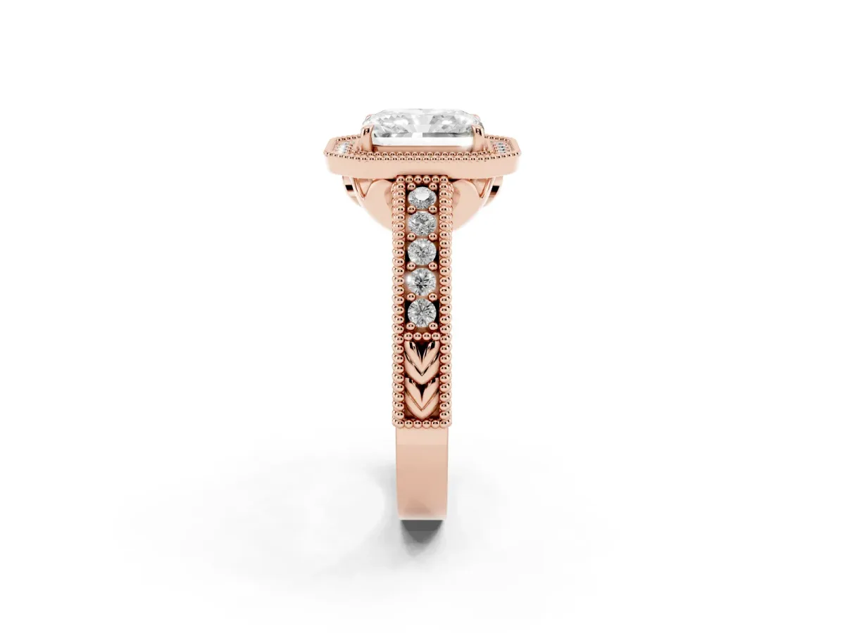 Radiant Cut Cut Halo Diamond Ring with Pavé Band and Four-Prong Setting Rose gold