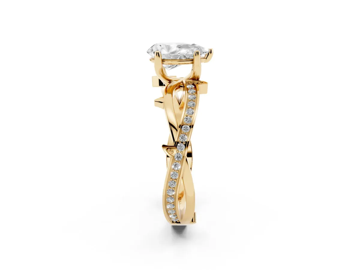 Pear Cut Solitaire Twist Band with Pavé Accents and Four-Prong Setting Yellow gold