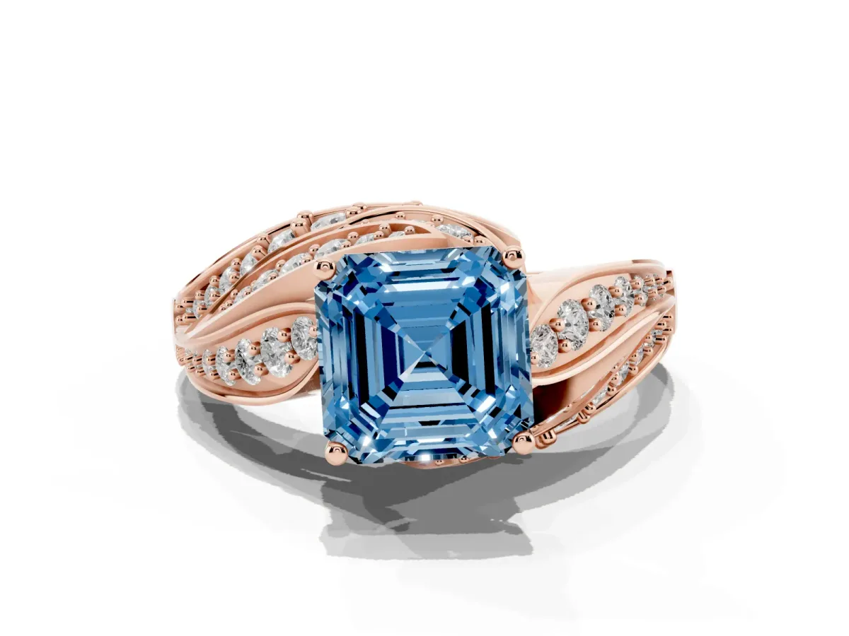 Fancy Blue Asscher Cut Diamond Solitaire Ring with Prong Setting and Twisted Pavé Band Rose gold
