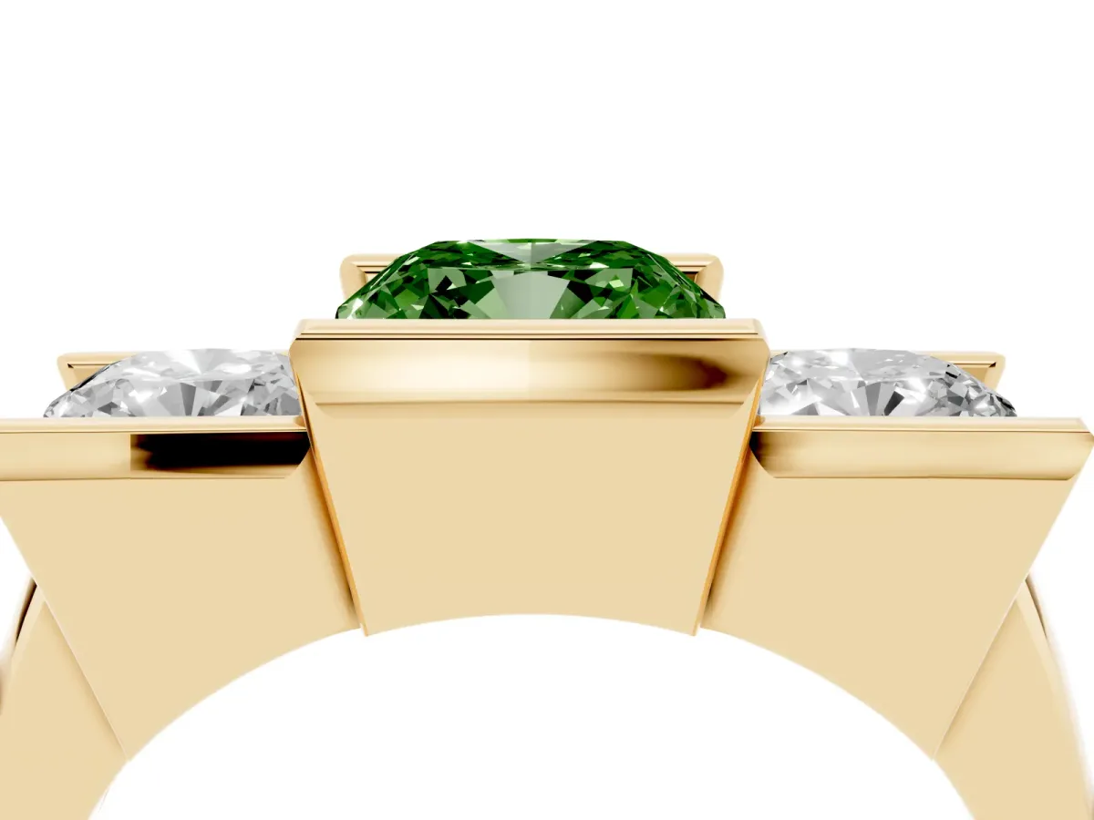 Fancy Green Three Stone Cushion Cut Cut Channel Set Diamond Ring Yellow gold