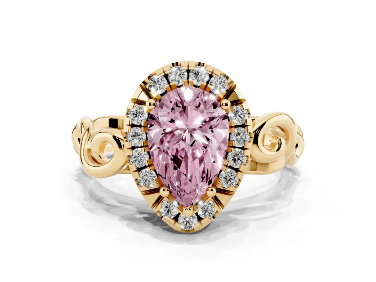 Fancy Pink Pear Cut Cut Halo Diamond Ring with Scrollwork Band and Four-Prong Setting Yellow gold