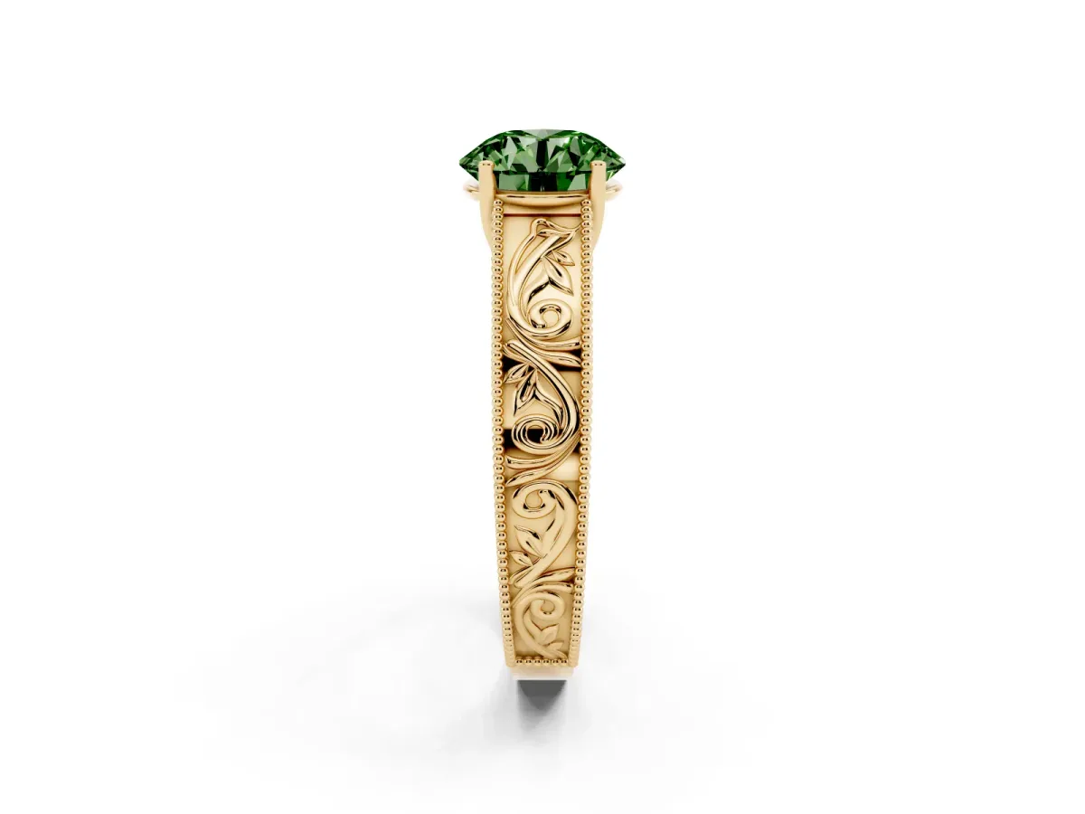 Fancy Green Round Cut Diamond Solitaire Ring with Engraved Band and Four-Prong Setting Yellow gold