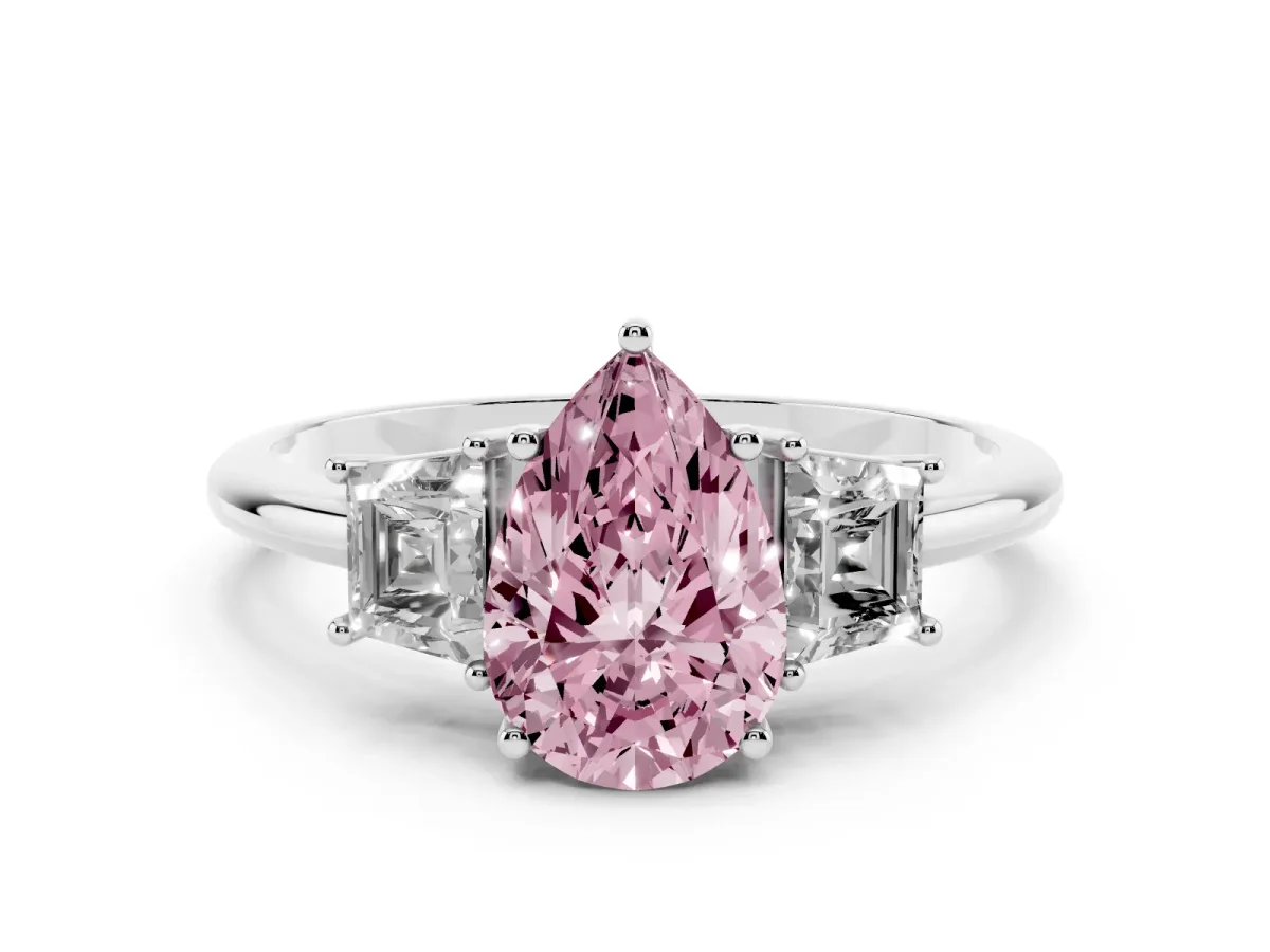 Fancy Pink Pear Cut Diamond Three-Stone Ring with Trapezoid Side Stones and Prong Setting Platinum