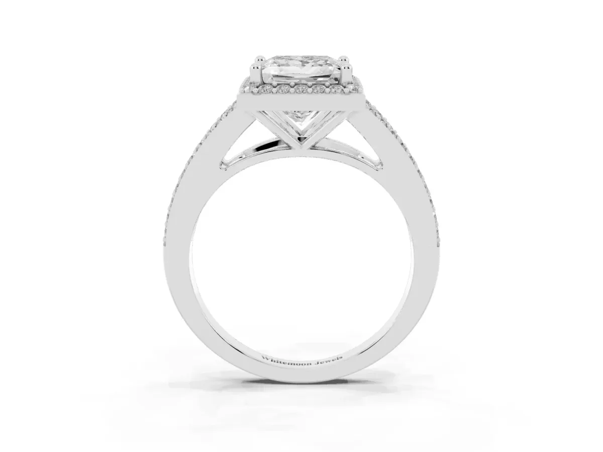 Princess Cut Halo Split Shank Pave Diamond Ring with Four-Prong Setting Platinum