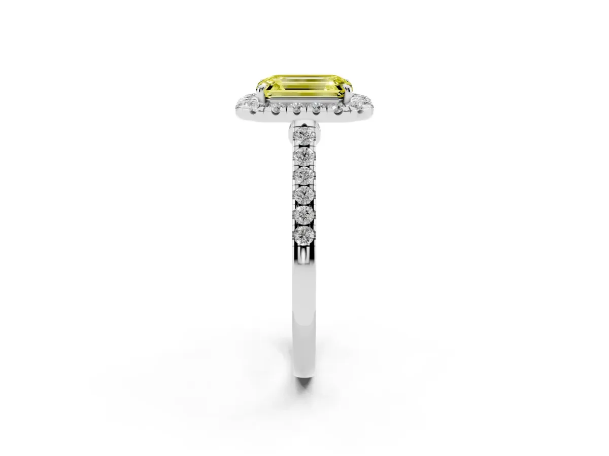 Fancy Yellow Emerald Cut Halo Pave Diamond Engagement Ring with Four-Prong Setting Silver