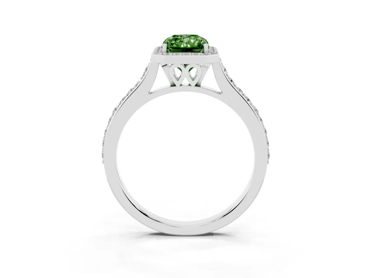 Fancy Green Radiant Cut Diamond Halo Engagement Ring with Round Pavé Shoulders and Prong Setting Silver