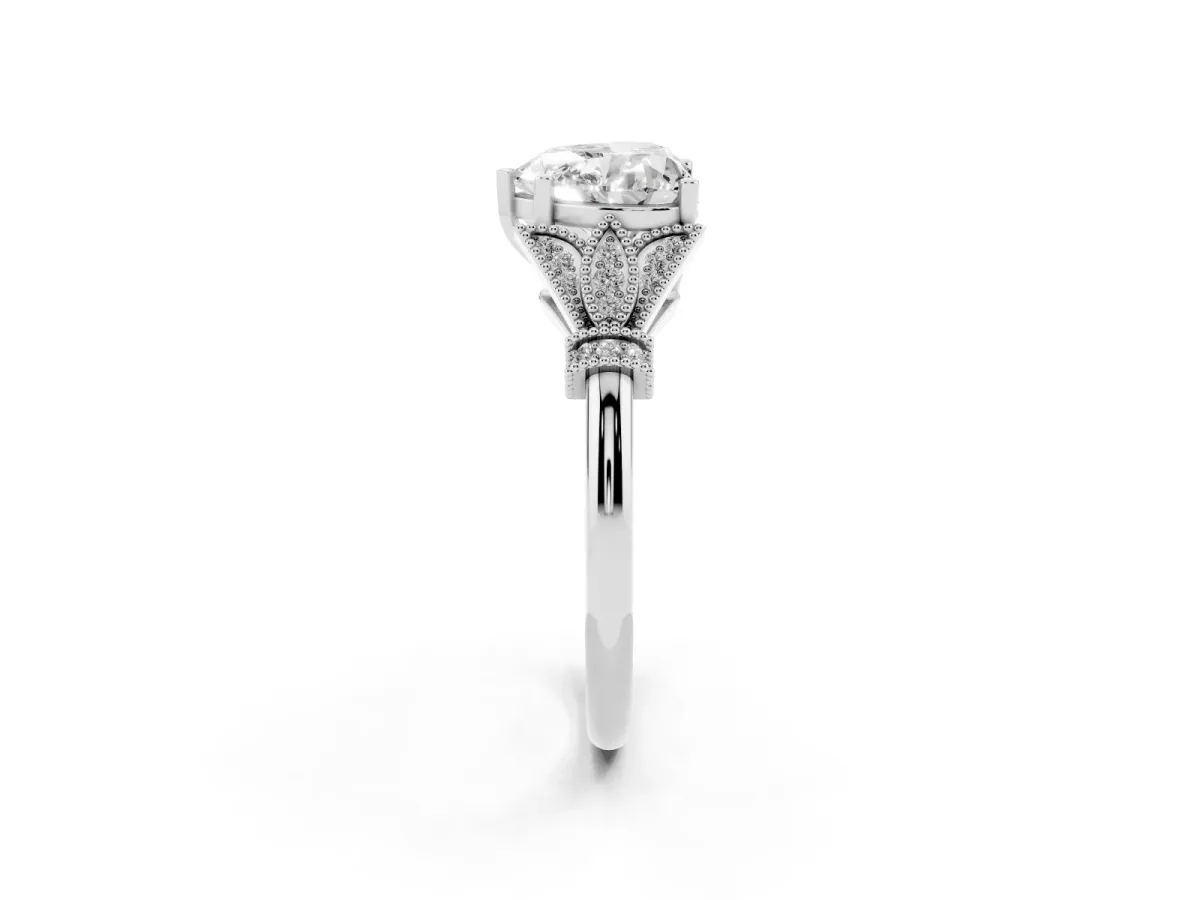 Heart Cut Diamond Solitaire Ring with Floral Filigree and Pave Accents White gold