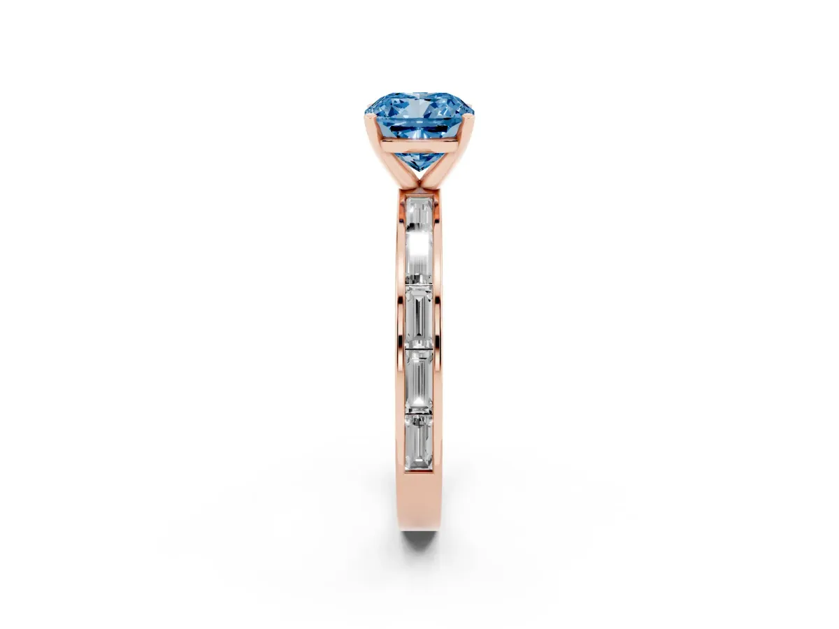 Fancy Blue Cushion Cut Solitaire Diamond Ring with Channel-Set Baguette Band and Four-Prong Setting Rose gold