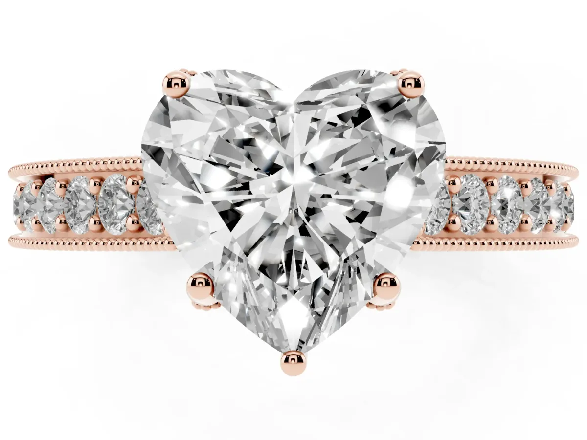 Heart Cut Cut Diamond Solitaire Ring with Milgrain Pave Band and Four Prong Setting Rose gold