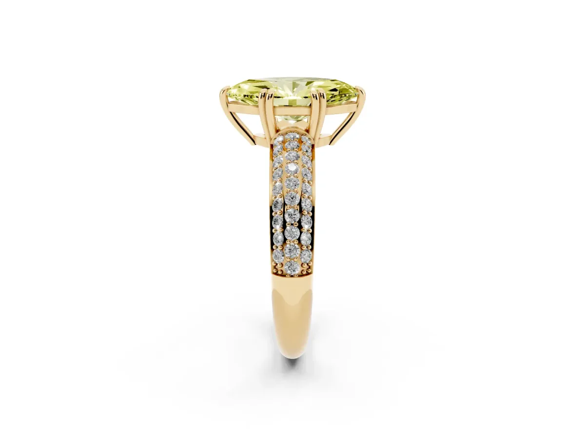 Fancy Yellow Marquise Cut Diamond Solitaire Ring with Multi-Row Round Pavé Band and Prong Setting Yellow gold