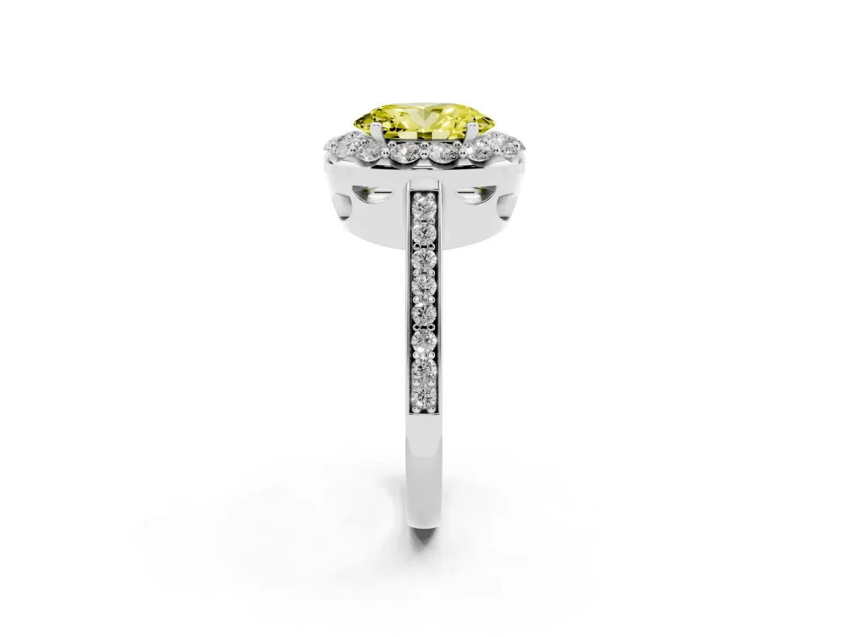 Fancy Yellow Oval Cut Diamond Floral Halo Ring with Pavé Band and Prong Setting White gold