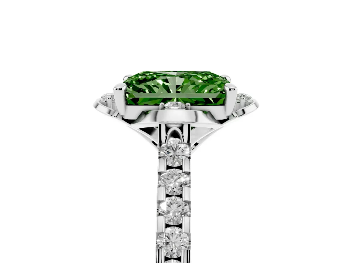 Fancy Green Radiant Cut Diamond Ring with Pavé Band and Floral Prong Setting Platinum