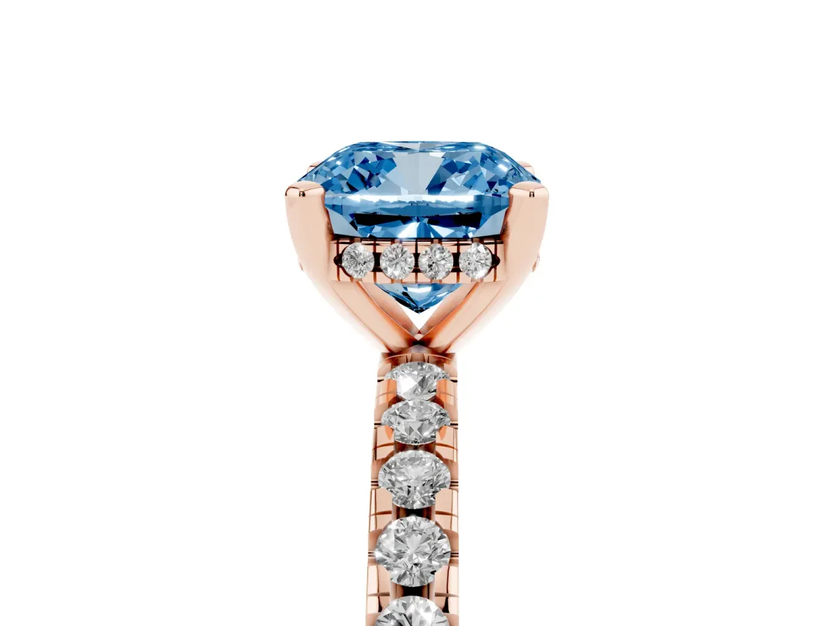 Fancy Blue Cushion Cut Diamond Solitaire Ring with Round Pavé Band and Four-Prong Setting Rose gold