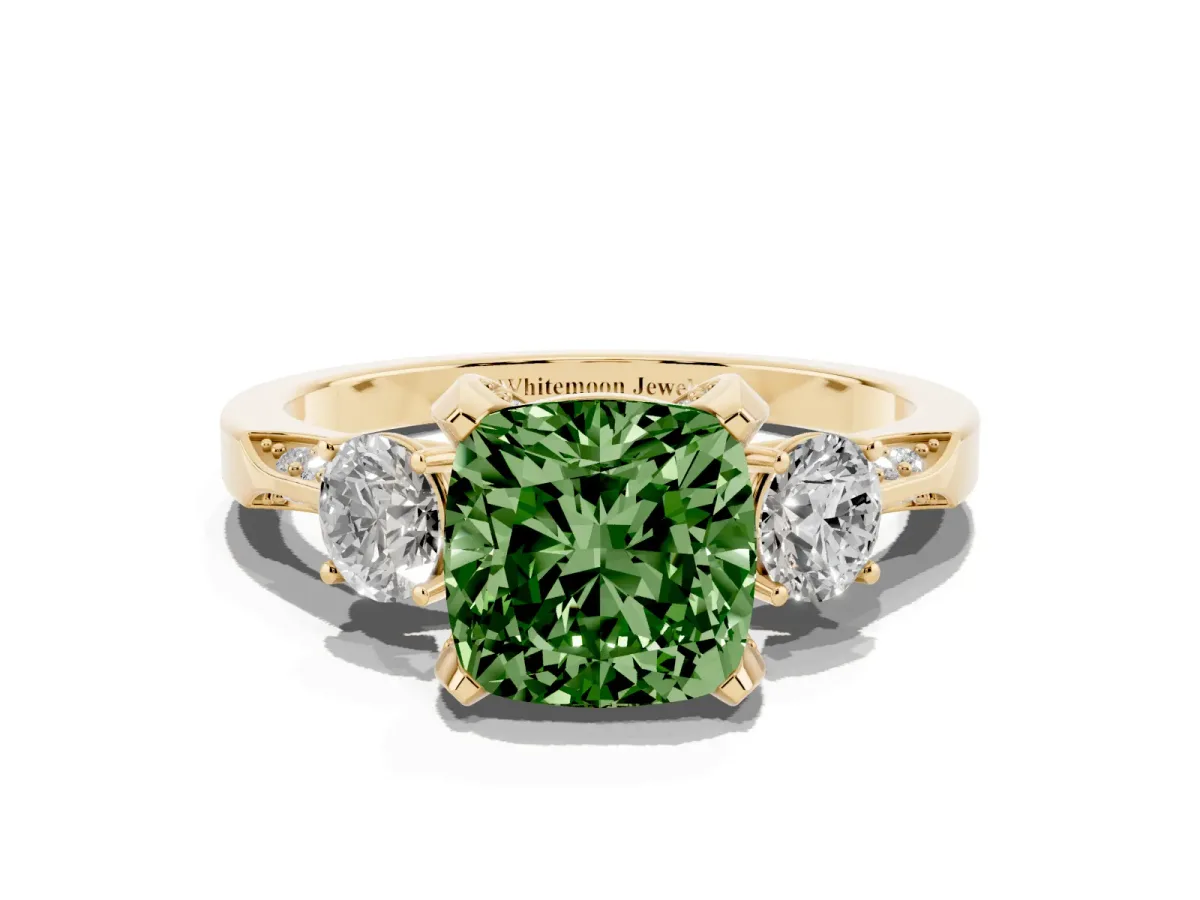 Fancy Green Cushion Cut Brilliant Three-Stone Diamond Ring with Pavé Band and Four-Prong Setting Yellow gold