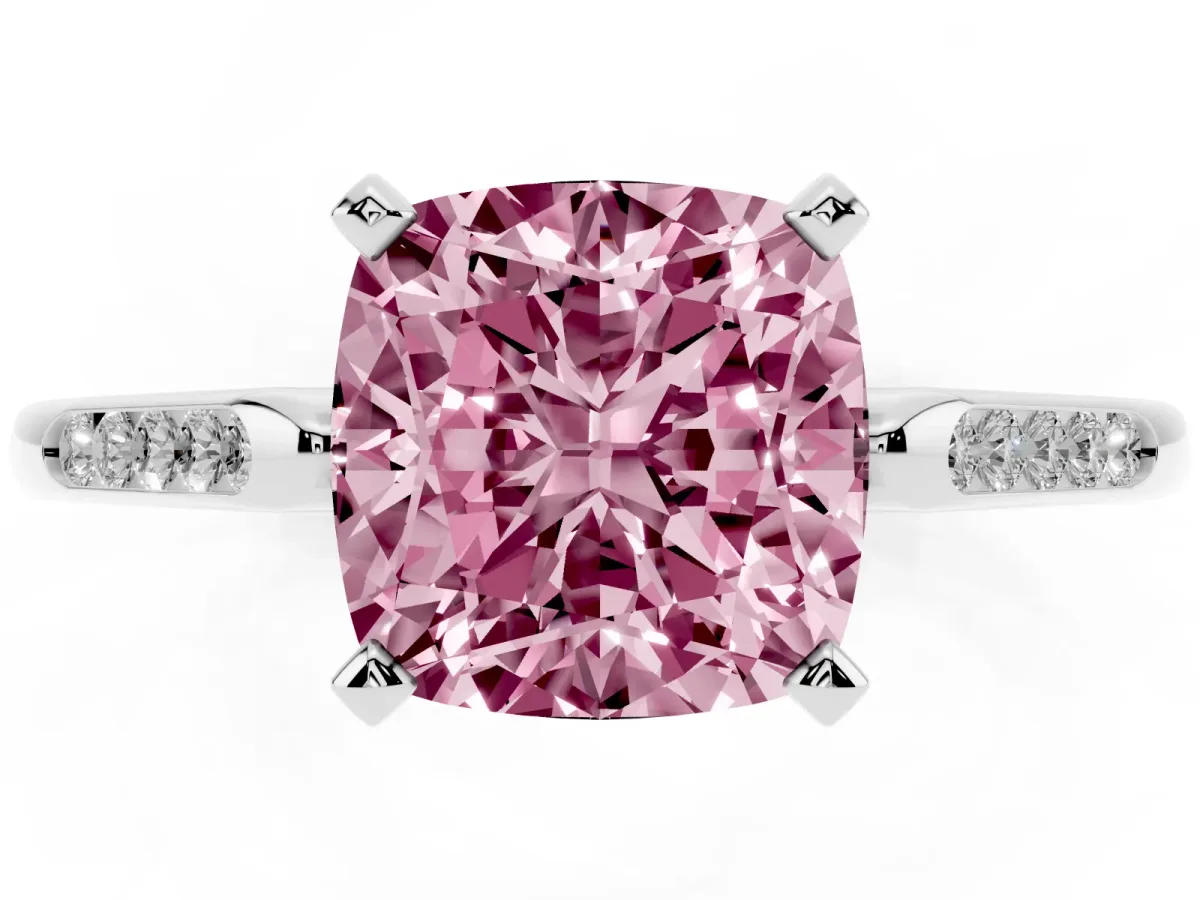 Fancy Pink Cushion Cut Diamond Solitaire Ring with Channel Set Round Band and Prong Setting Silver