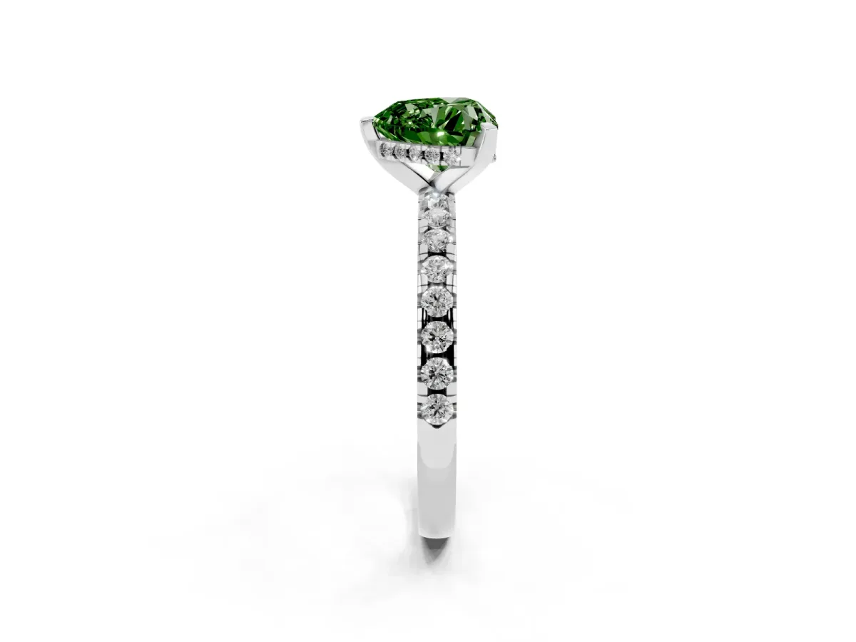 Fancy Green Heart Cut Diamond Solitaire Ring with Round Pavé Band and Four-Prong Setting Platinum