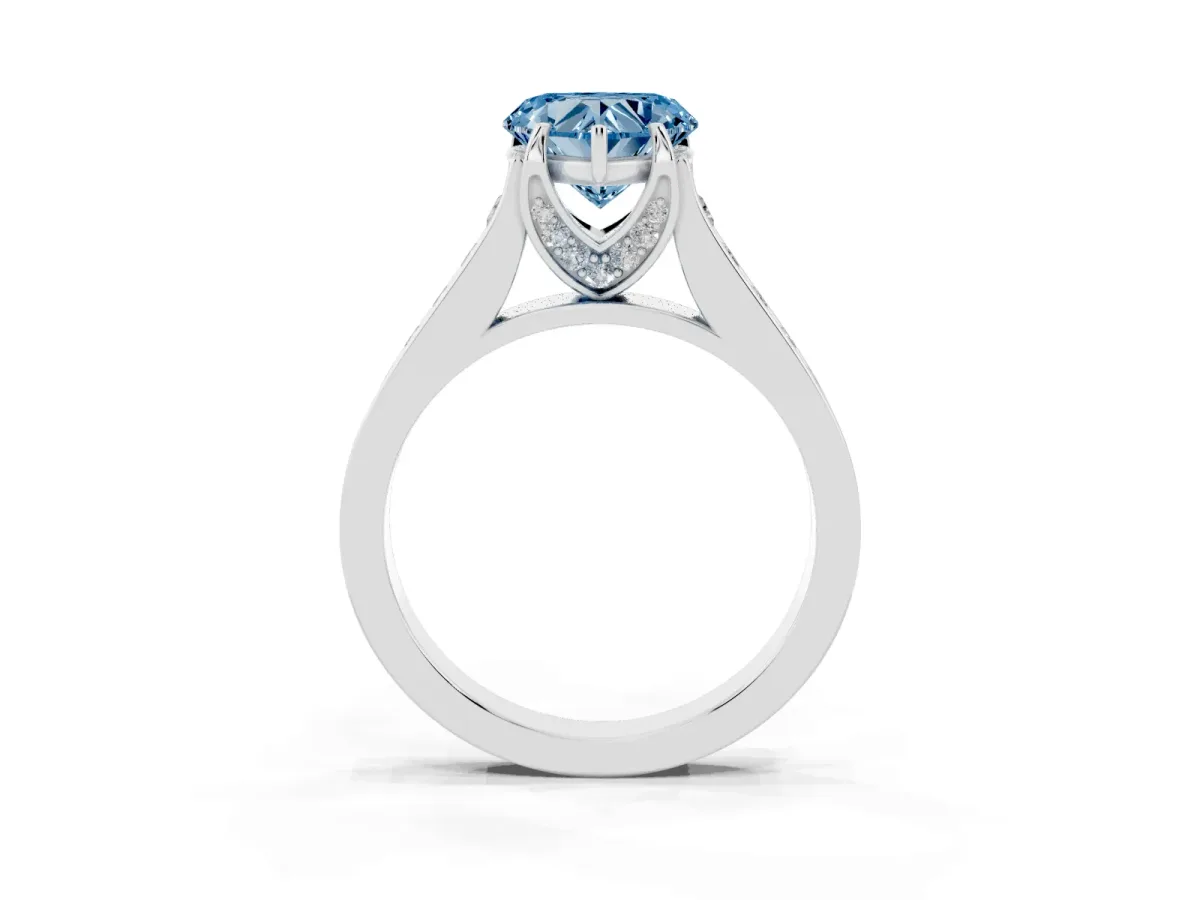 Fancy Blue Heart Cut Brilliant Cut Diamond Engagement Ring with Pavé Band and Four-Prong Setting Silver