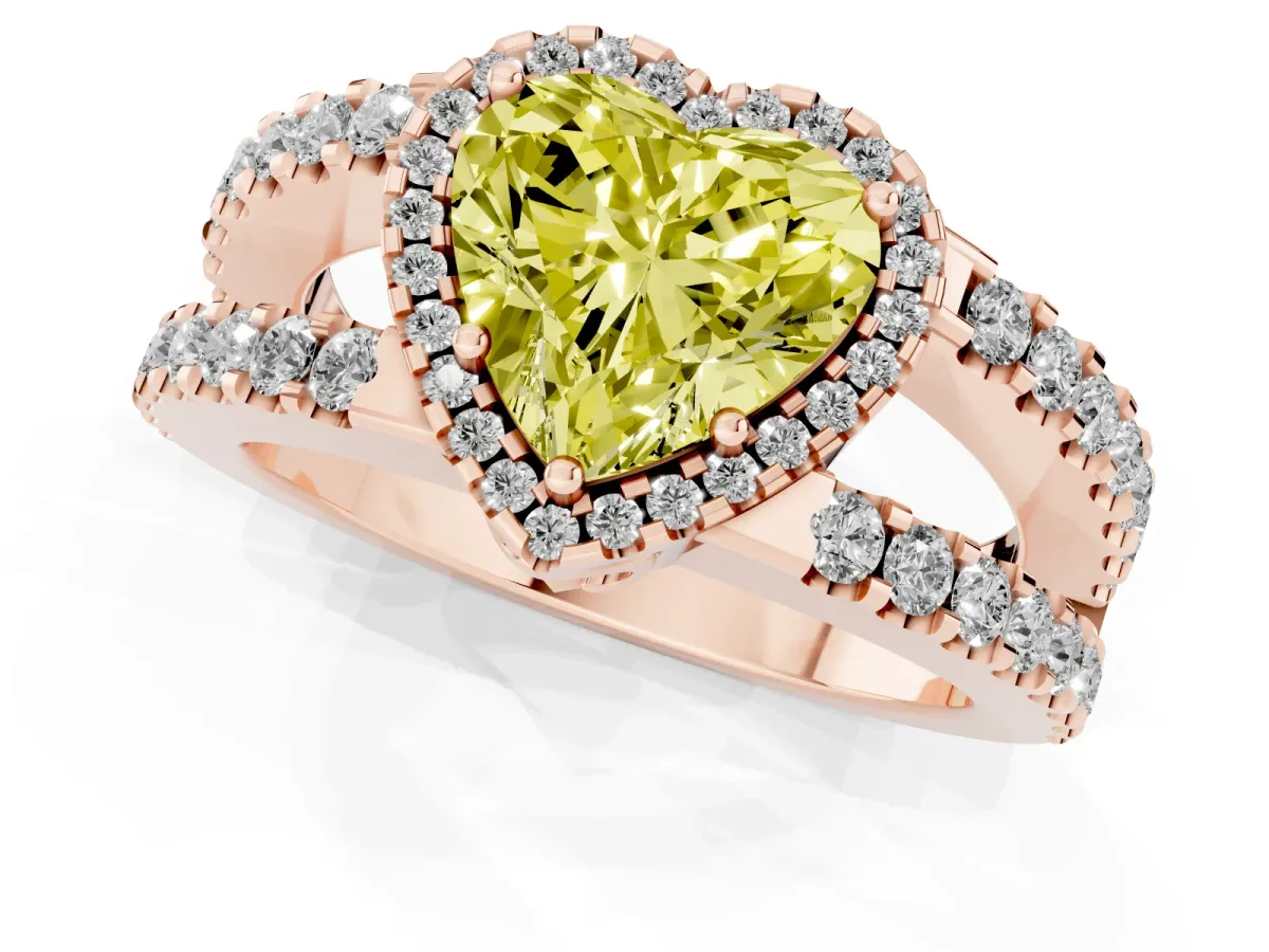 Fancy Yellow Heart Cut Cut Halo Split Shank Diamond Ring with Four-Prong Setting Rose gold