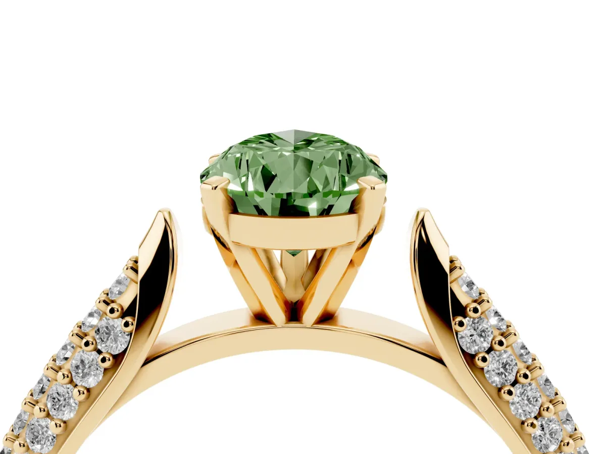 Fancy Green Pear Cut Diamond Solitaire Engagement Ring with Multi-Row Round Pavé Band and Prong Setting Yellow gold