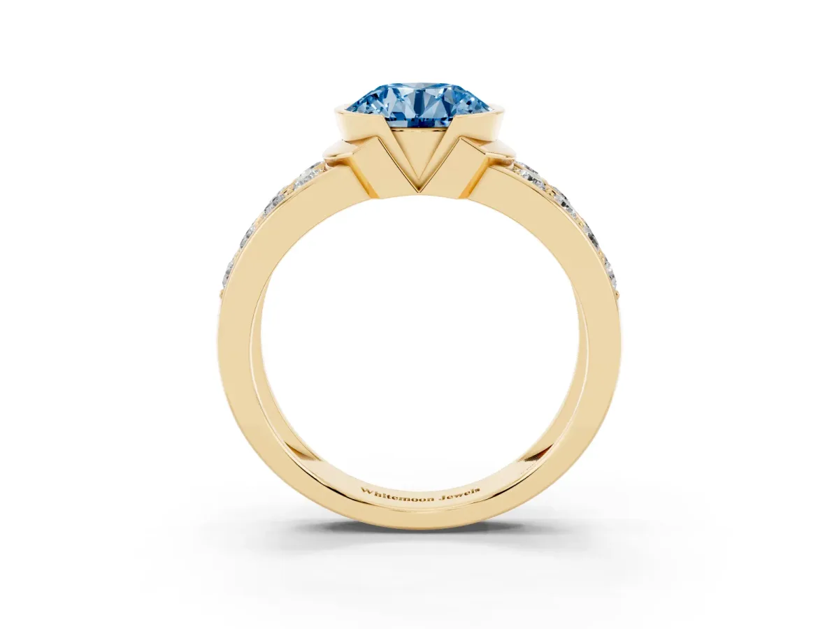 Fancy Blue Round Cut Brilliant Diamond Channel Set Wide Band Ring with Bezel Setting Yellow gold