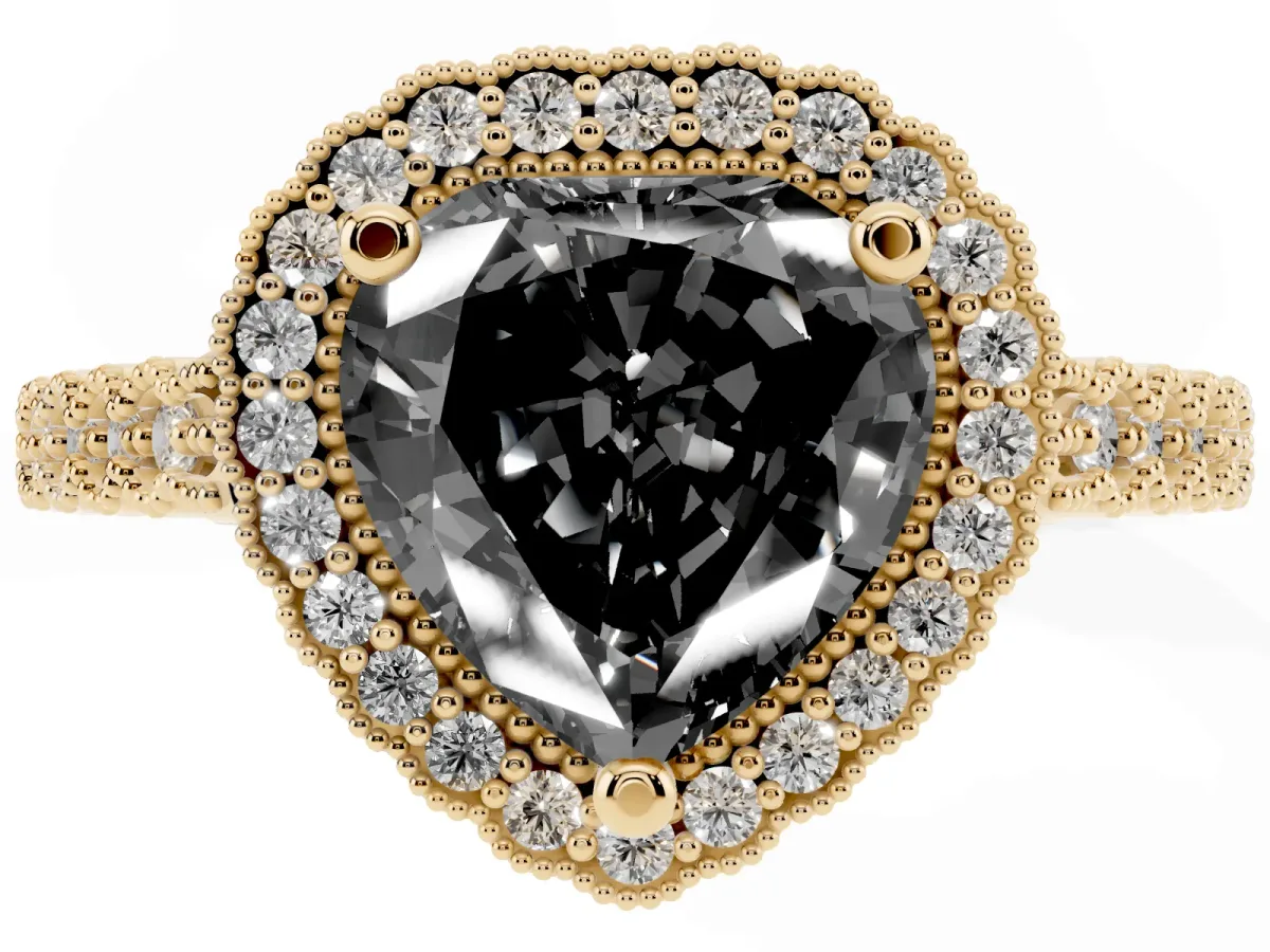Fancy Black Heart Cut Cut Halo Pavé Solitaire Ring with Milgrain Band Yellow gold