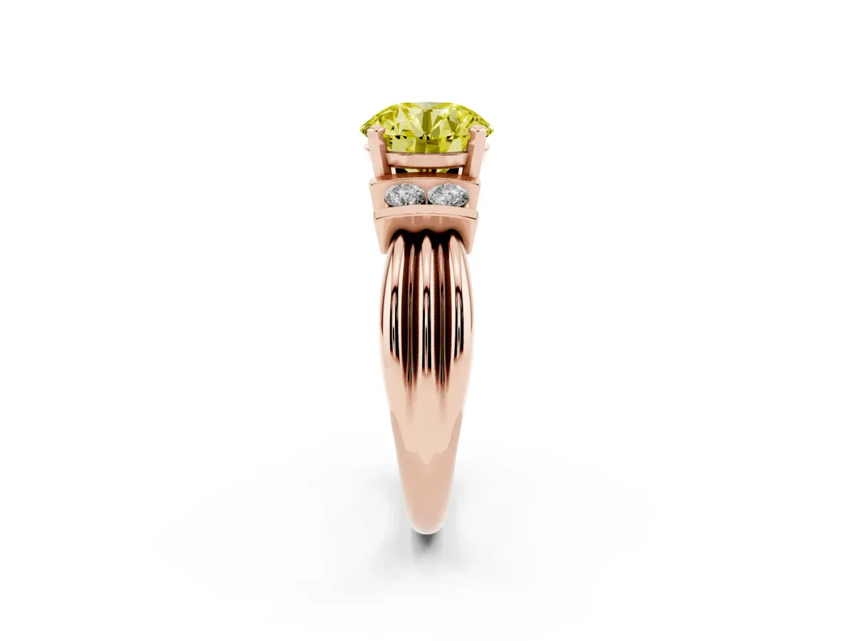 Fancy Yellow Round Cut Cut Three-Stone Channel Set Ring with Bar Prongs Rose gold