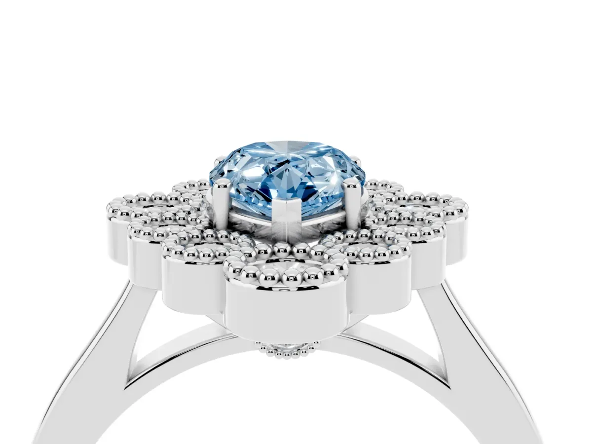 Fancy Blue Pear Cut Halo Diamond Cluster Engagement Ring with Milgrain Bezel Setting and Solitaire Band Platinum