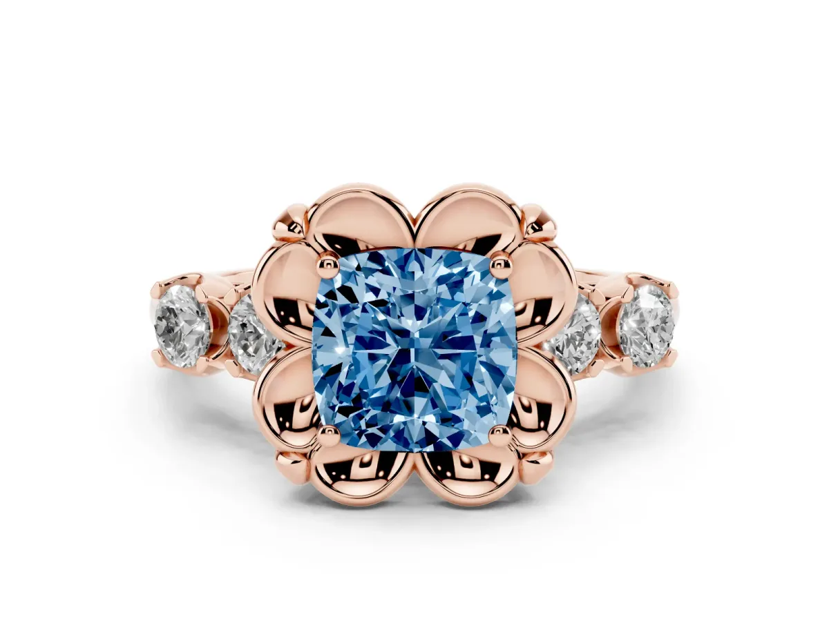 Fancy Blue Cushion Cut Cut Diamond Floral Halo Engagement Ring with Shared Prong Setting Rose gold