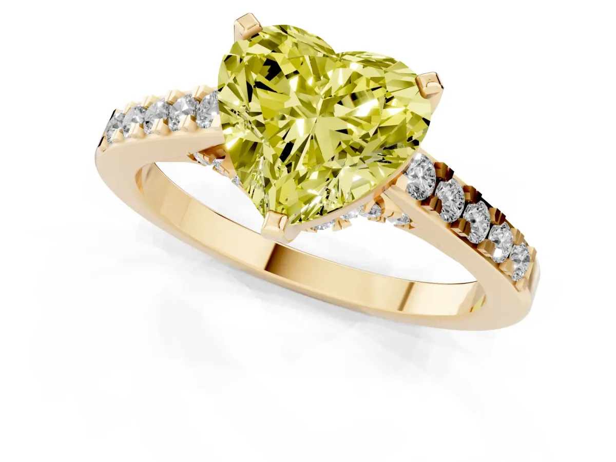 Fancy Yellow Heart Cut Diamond Solitaire Ring with Crossover Gallery and Round Pavé Band Yellow gold
