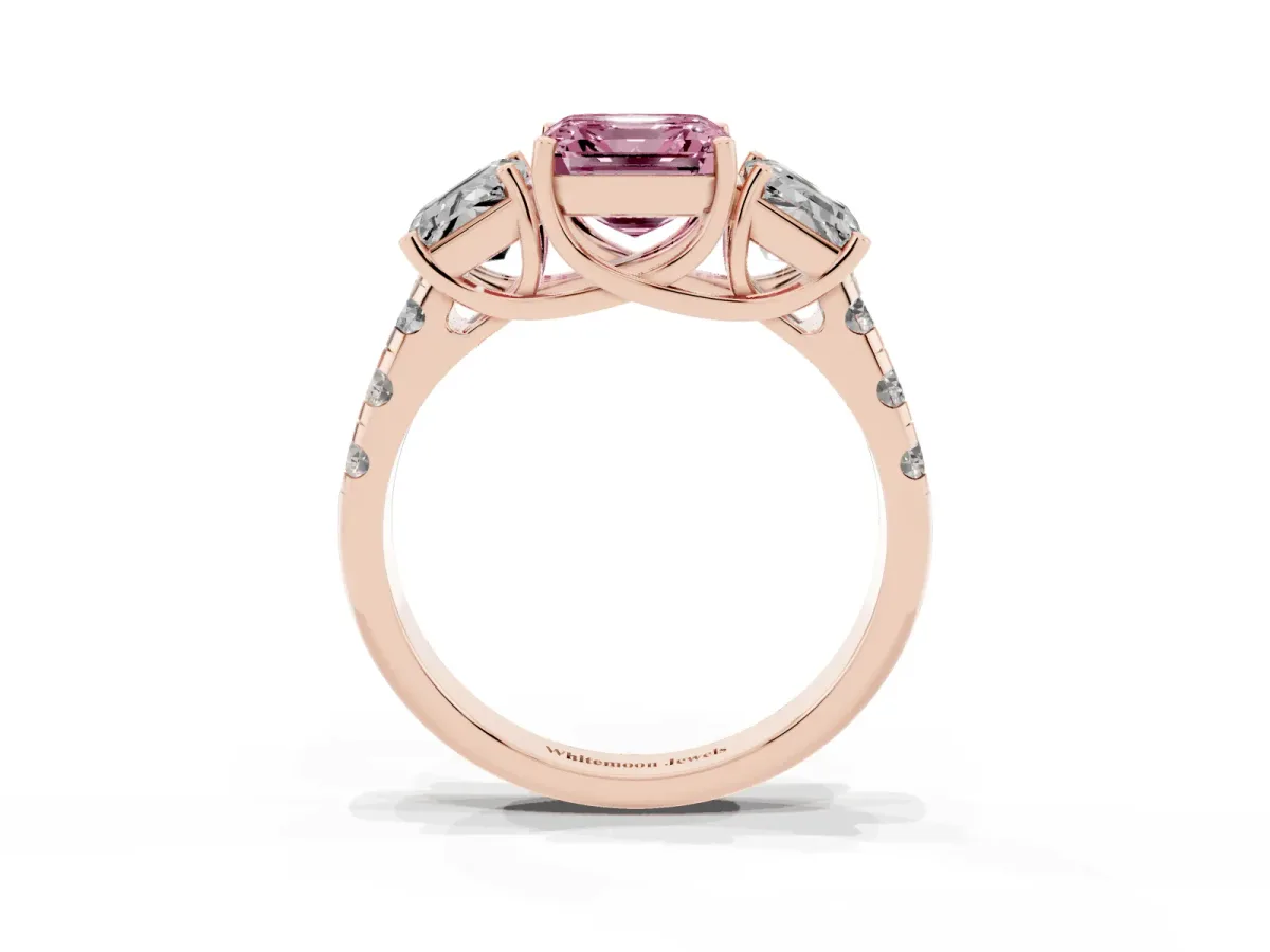 Fancy Pink Three-Stone Asscher Cut Diamond Pavé Band with Prong Setting Rose gold