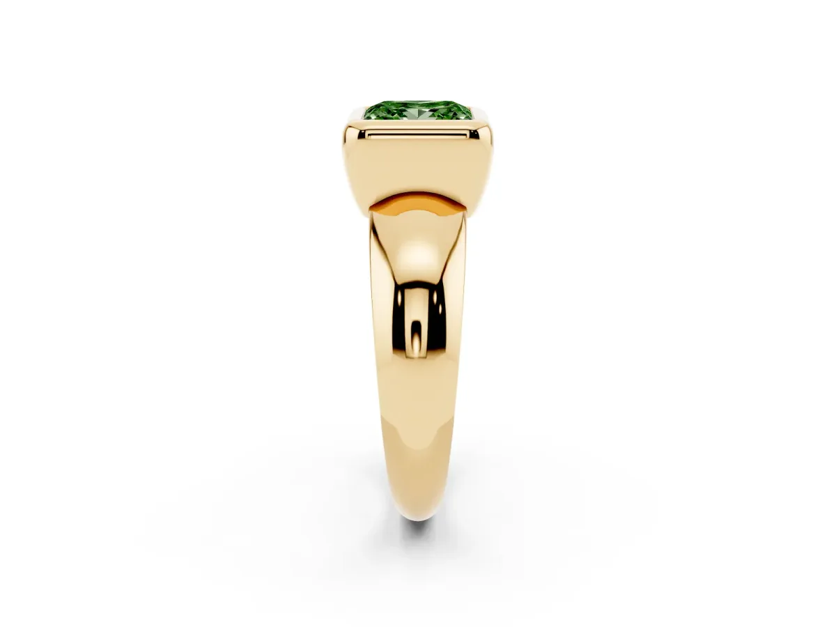 Fancy Green Bezel Set Princess Cut Solitaire Ring with Wide Band Yellow gold