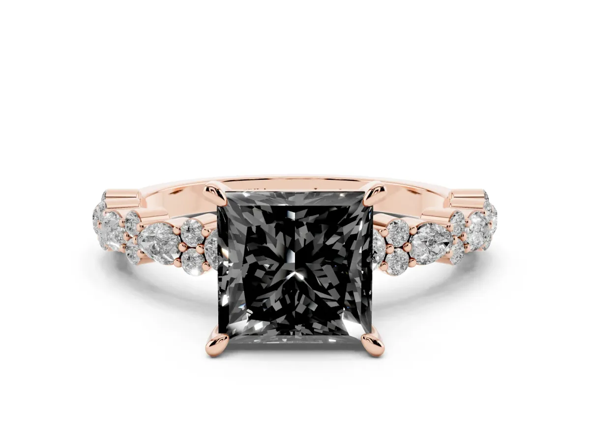 Fancy Black Princess Cut Diamond Side Stone Solitaire Ring with Round and Four-Prong Setting Rose gold