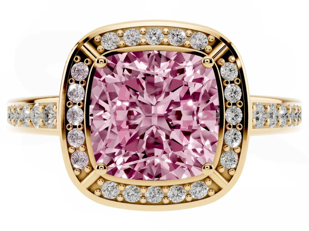 Fancy Pink Cushion Cut Cut Halo Pave Split Shank Prong Setting Ring Yellow gold