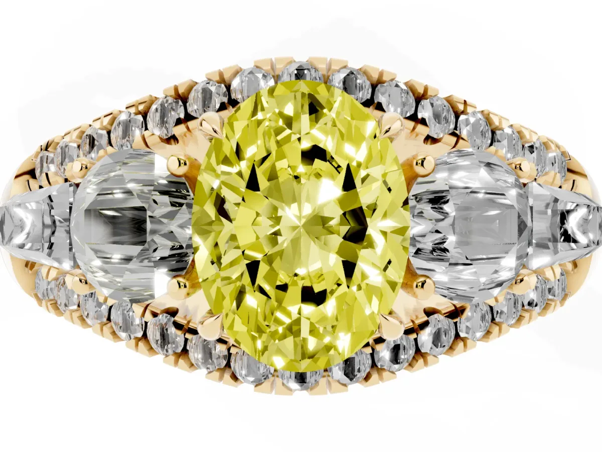 Fancy Yellow Three-Stone Oval Cut Diamond Engagement Ring with Pave Band and Prong Setting Yellow gold