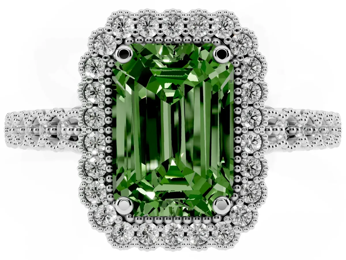 Fancy Green Emerald Cut Cut Halo Pavé Solitaire Ring with Milgrain Band Silver