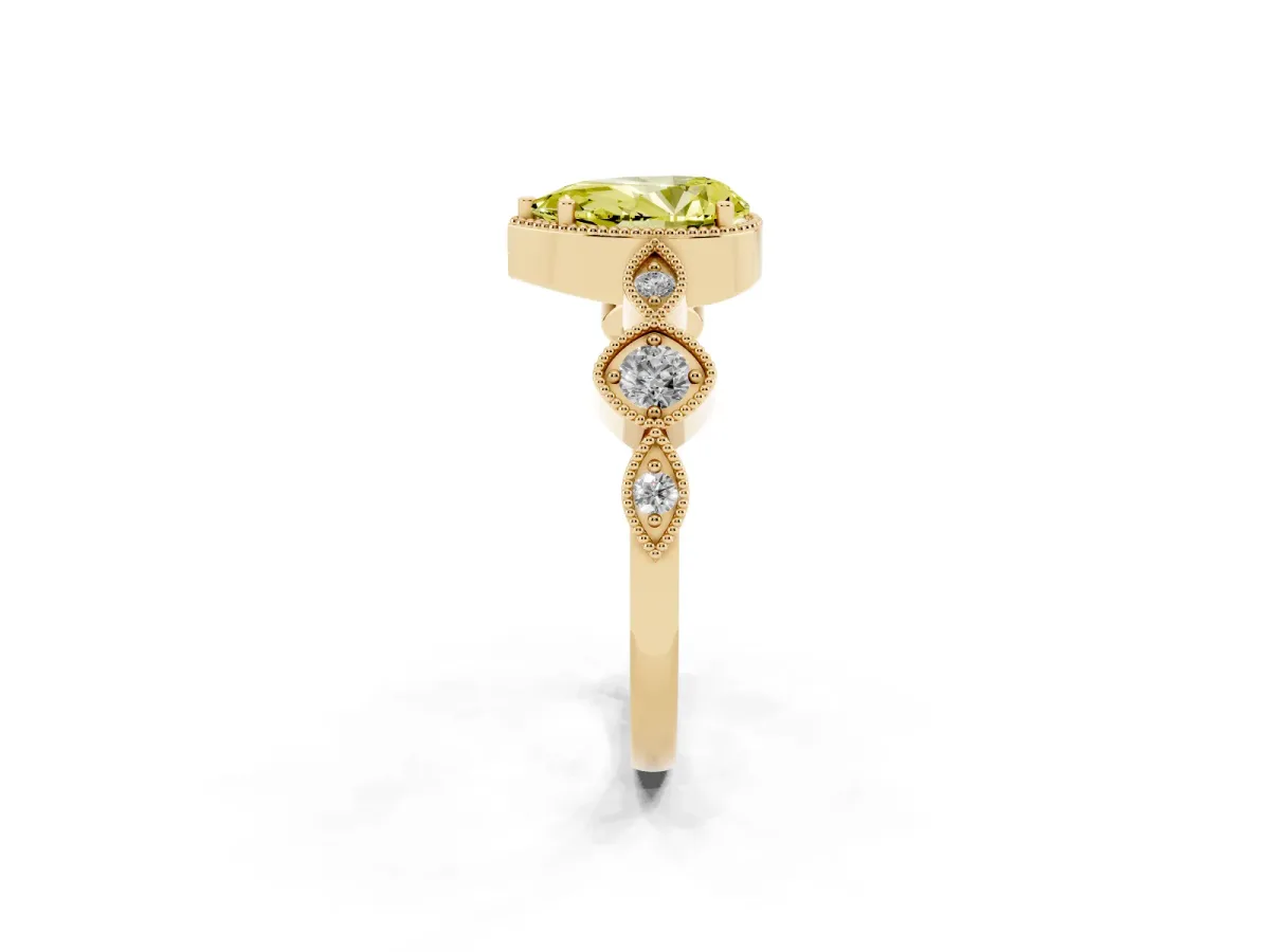 Fancy Yellow Pear Cut Diamond Vintage Milgrain Ring with Round Stations Yellow gold