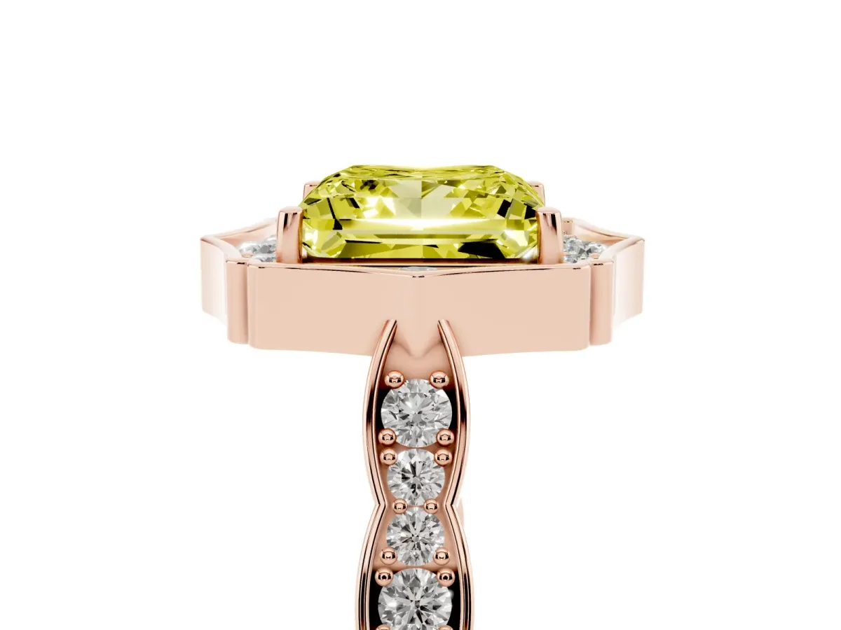 Fancy Yellow Princess Cut Halo Diamond Engagement Ring with Milgrain Band and Four-Prong Setting Rose gold