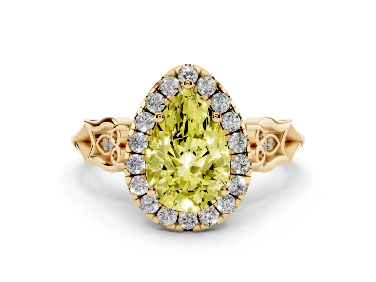 Fancy Yellow Pear Cut Halo Diamond Engagement Ring with Filigree Band and Four-Prong Setting Yellow gold