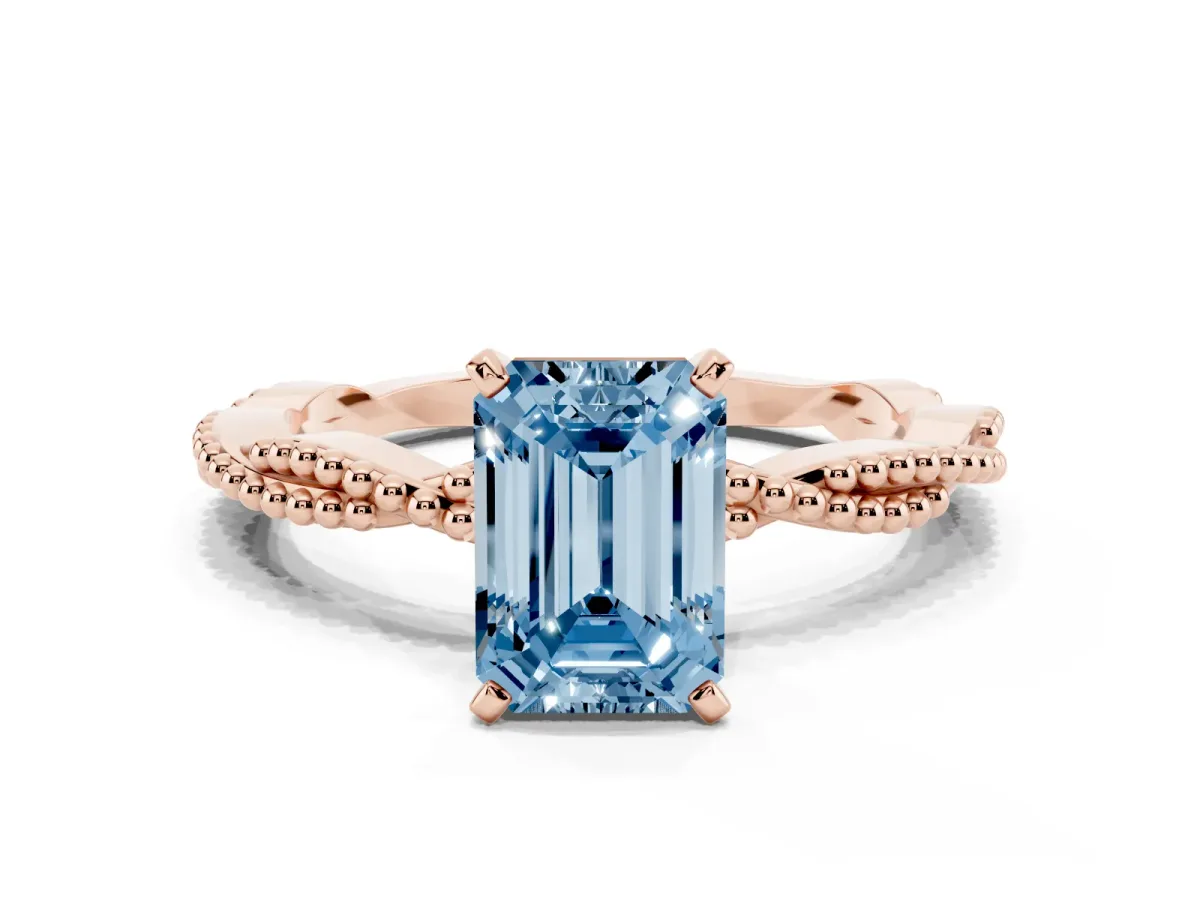 Fancy Blue Emerald Cut Solitaire Twisted Band with Bead Prong Setting Rose gold