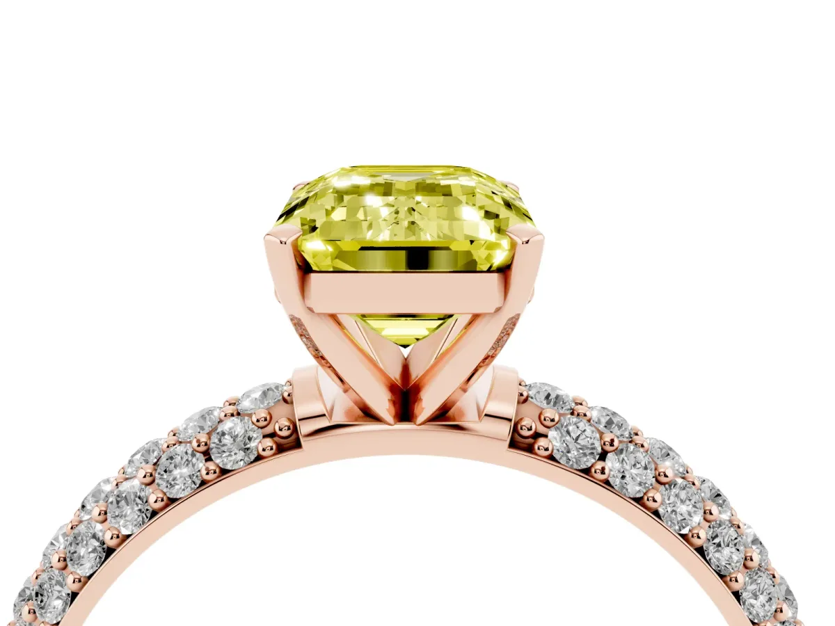 Fancy Yellow Emerald Cut Diamond Solitaire Ring with Prong Setting and Pavé Band Rose gold