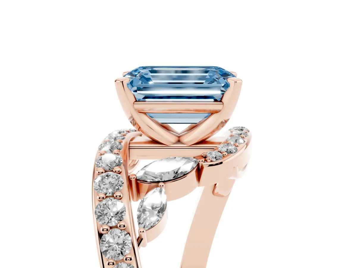 Fancy Blue Emerald Cut Solitaire with Pavé Twist Band and Four-Prong Setting Rose gold